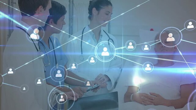 Animation of profile icons connected by lines over diverse doctors discussing and examining patient