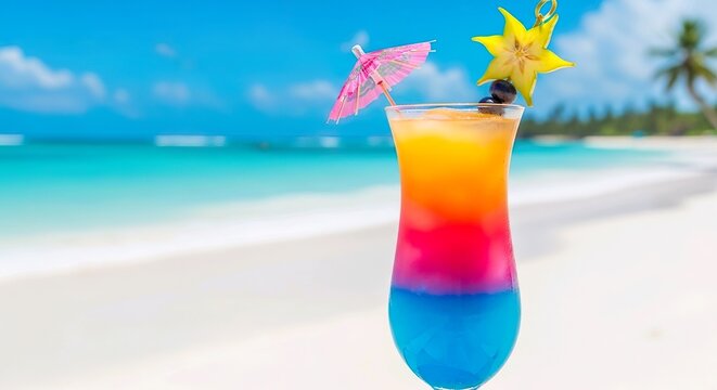 Tropical Cocktail on Beach with Colorful Summer Drink