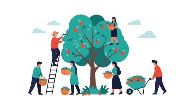 Team of farm workers harvesting ripe red apples from a large green tree in an orchard on a clear sunny day.