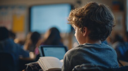 Fototapeta premium Medium frame capturing a boy reading a passage aloud a nearby AI screen analyzing pronunciation in real time with colorful phonetic cues the rest of the classroom gently blurred to
