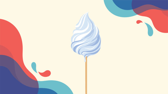 Large fluffy blue cotton candy on a wooden stick centered against a background with colorful abstract shapes and organic patterns.