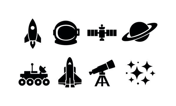 Space exploration: rocket, astronaut helmet, satellite, planet with rings, lunar rover, space shuttle, telescope, star cluster