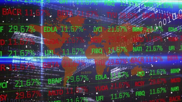 Animation of trading board over, lens flares, binary codes, programming language and map