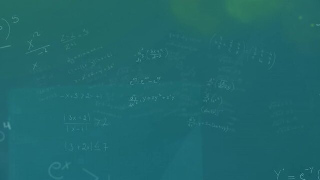 Animation of mathematical equations and square over green background