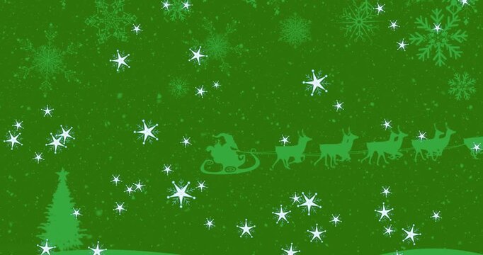 Animation of stars falling over santa claus in sleigh being pulled by reindeers on green background