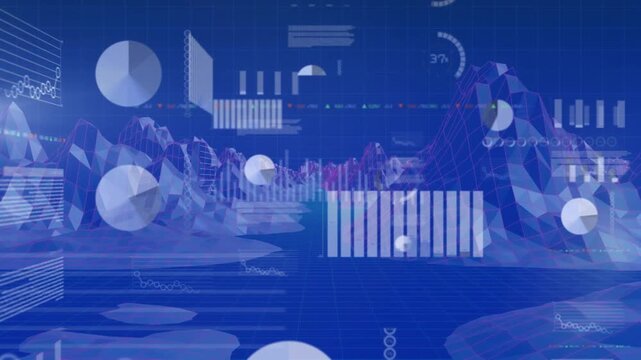 Animation of financial data processing over digital mountains