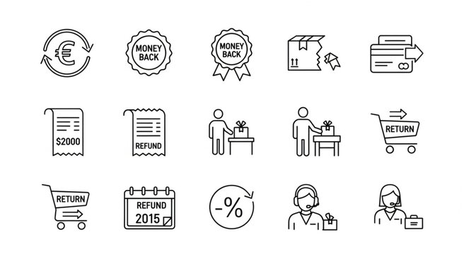 Collection of refund and return icons representing financial transactions and customer service.