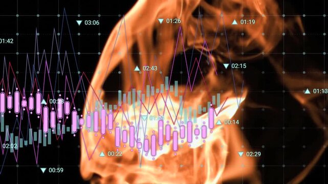 Animation of financial data processing and statistics over flame