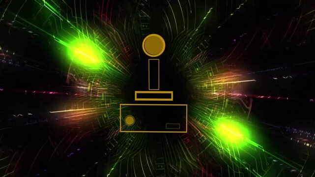 Animation of video game controller icon and colorful light trails over microprocessor connections