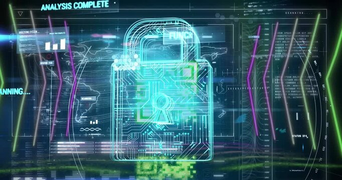 Animation of security padlock icon and interface with data processing against blue background
