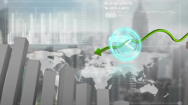 Animation of clock moving fast, green arrow and financial data processing