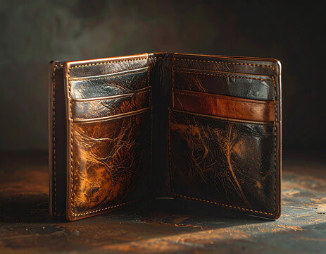 An open brown leather wallet shows emptiness on a table with dramatic lighting.