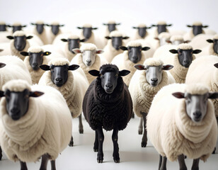 Fototapeta premium Sheep flock arranged in depth with a black sheep centered among white sheep on a clean bright background