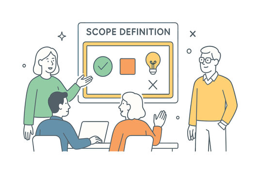 A clear scope definition scenario where a team outlines project boundaries and clarifies what is included and excluded during a planning session