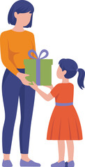 Fototapeta premium mother, daughter, gift, present, giving, family, love, child, woman, kid, birthday, surprise, happy, illustration, vector, graphic, design, cartoon, colorful, artwork