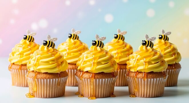Honey Drizzle Cupcakes with Bee Toppers and Yellow Buttercream Frosting