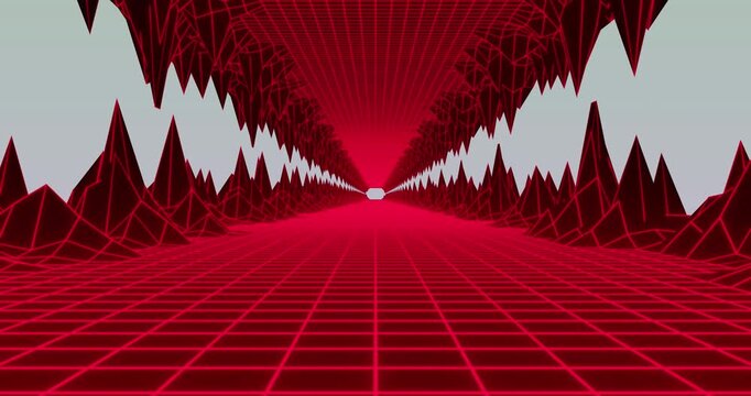 Animation of diminishing perspective of grid road passing through mountains