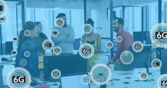 Animation of 6g texts in circles over diverse coworkers sharing ideas in office