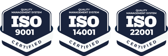 Obraz premium Isolated Vector Set of ISO 9001, 14001, 22001 Quality Management System Certified Badges