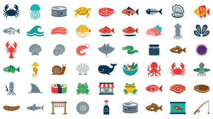 Seafood icons set of various marine life and food products in flat style. © NAZMA