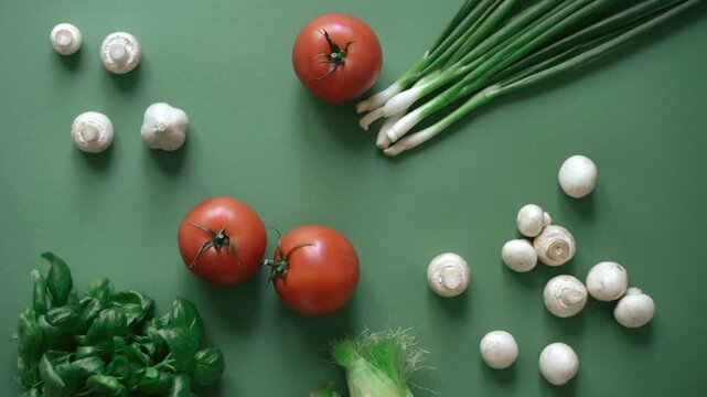 Fresh organic red cherry tomatoes and festive easter eggs rest on natural green grass as a healthy vegetarian decoration