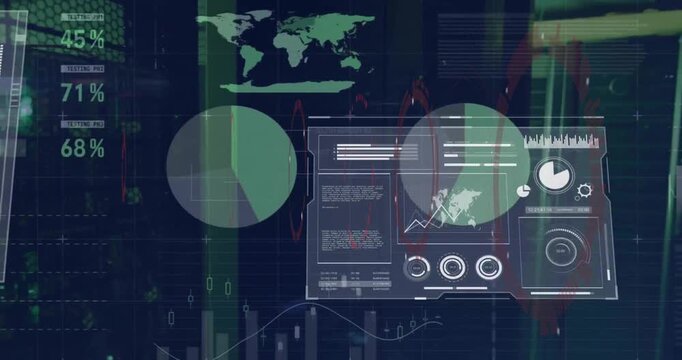 Animation of circular scanner and data processing on interface screens over computer server room
