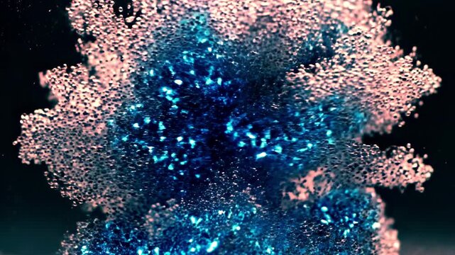A computer-generated image of a virus with a blue center and pink protrusions