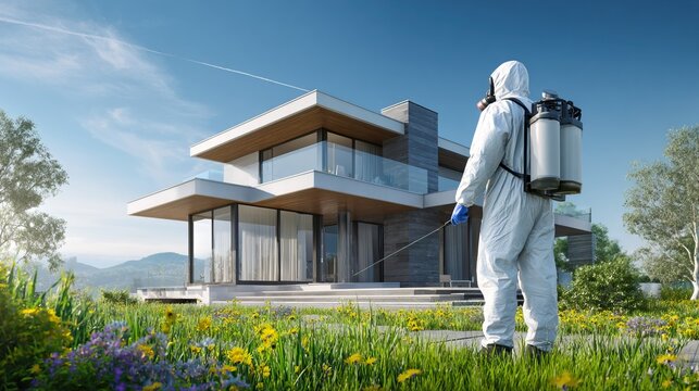 Professional exterminator in protective suit and respirator uses backpack sprayer on lawn of modern luxury house. Concept of pest control, disinfection and residential maintenance