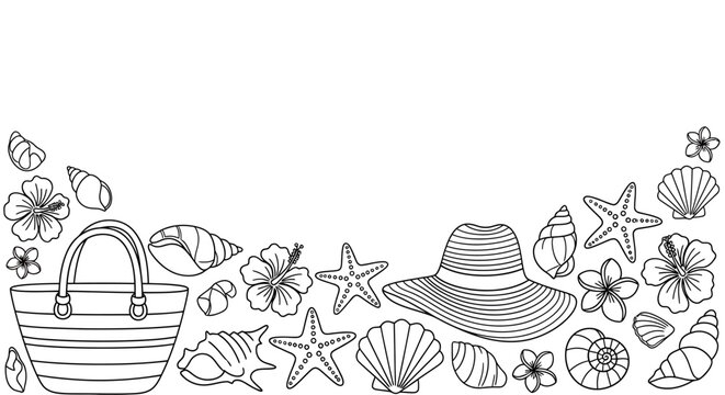 Black and white beach accessories illustration.