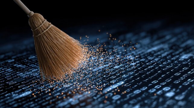 Digital dust removal with traditional broom sweeping over binary code representing technology and data cleanup