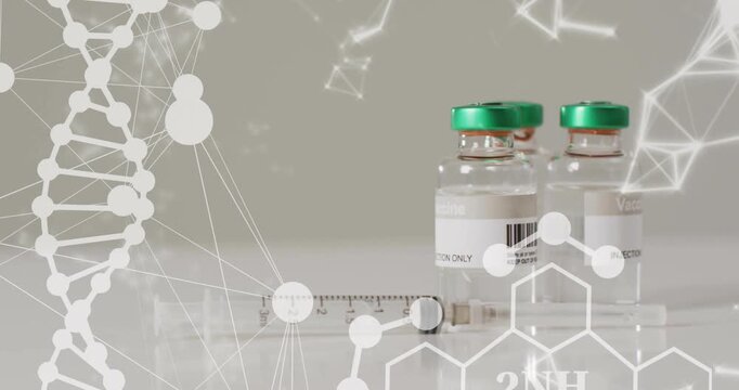 Animation of dna, networks and elements over syringe and vaccine vials on grey background