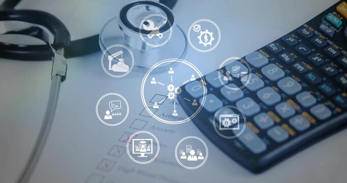 Animation of business icons over stethoscope and calculator