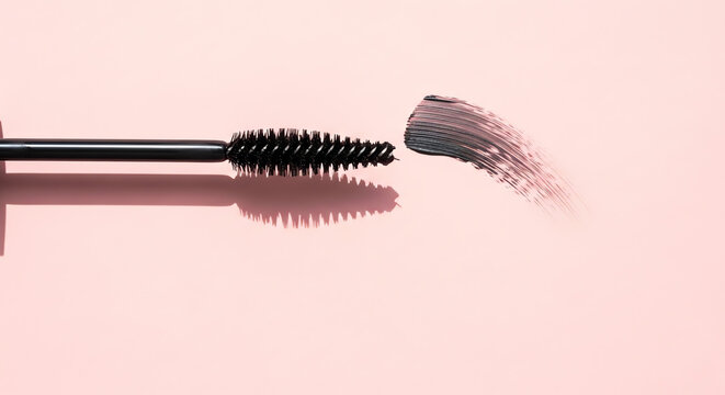 Mascara wand and applied product on pink background  