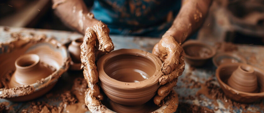 The potter&rsquo;s hands shape a spinning bowl on the wheel amidst other pieces, demonstrating the traditional craft of pottery and providing an atmospheric backdrop for art publications.
