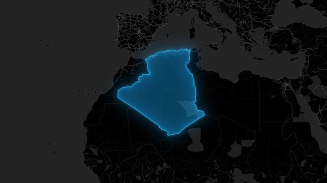 Stylized Blue Neon Glow Map Zoom In Animation on Dark Digital Background - Algeria