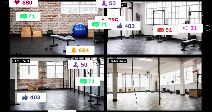 Split-screen monitor showing four gym feeds, social badges appearing, floating and counting rapidly