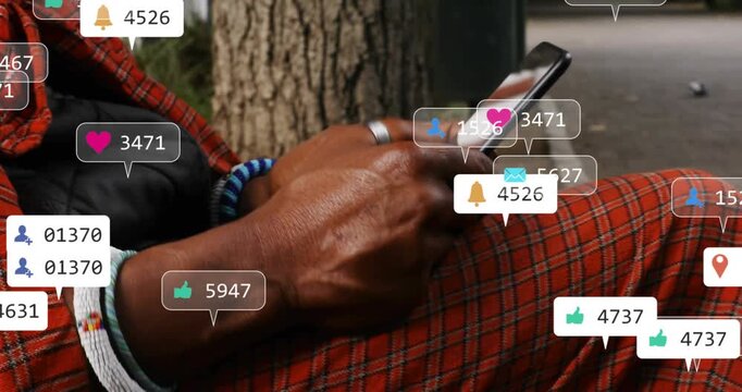 Mature man tapping phone on bench, social alerts piling over lap then clearing, causing scrolling