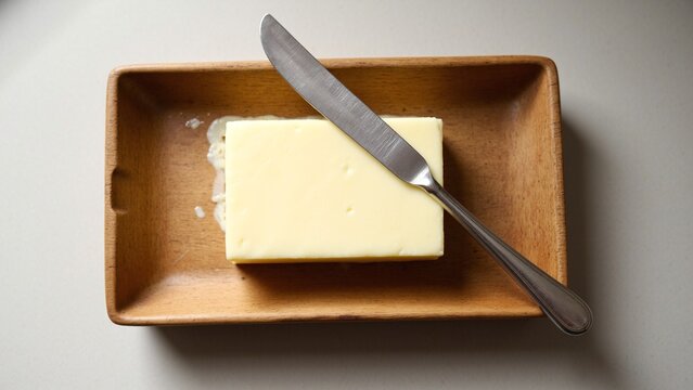 Top View of Fresh Butter in Rustic Wooden Dish with Knife
