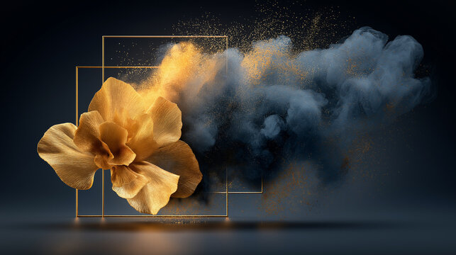 Golden flower with explosive blue smoke and glitter dust in geometric gold frames, luxury abstract floral background for premium product branding or event poster