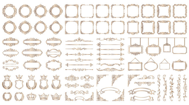 Set of luxury golden vintage frames, borders, dividers, corners, and ribbons.