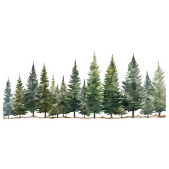 Obraz premium Watercolor illustration of a lush coniferous forest tree line with evergreen pine, fir, and spruce trees