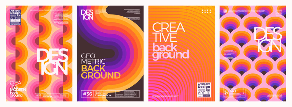 Abstract geometric backgrounds set. Modern template illustrations with stripes, circles, patterns in bright colors. Vintage colorful design for advertising, poster, banner, flyer, branding, cover