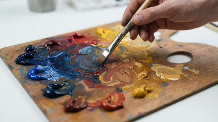 Fototapeta premium Artist's hand holding a paintbrush meticulously blending vibrant oil paints on a traditional wooden palette capturing the creative process and artistic expression in a brightly