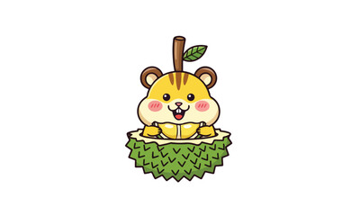 Fototapeta premium Hamster cartoon character inside durian fruit on yellow background