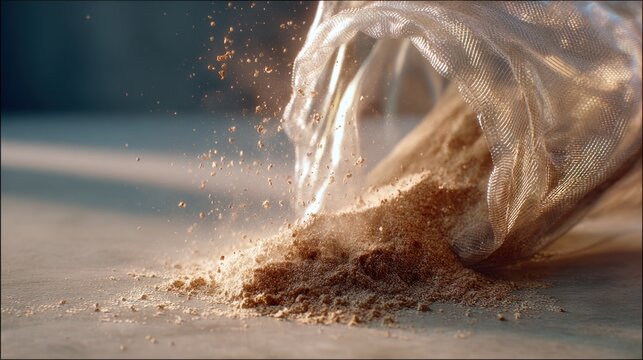 Fine light-colored sand spilling from a transparent plastic bag, emphasizing granular texture and flowing motion