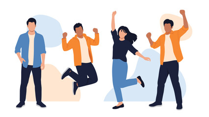 Obraz premium Diverse group of happy young people jump in the air with excitement and joy to celebrate a successful achievement together.