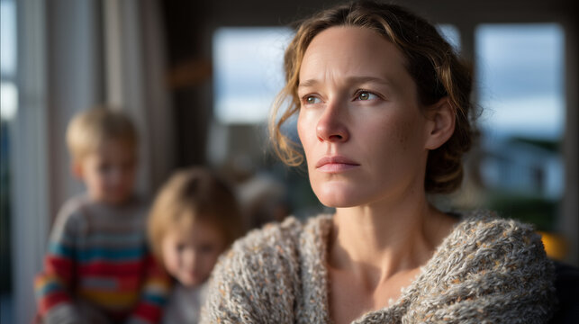 Woman battles seasonal affective disorder despite sunshine, sitting in darkened living room while children play outside, contrast between interior gloom and exterior brightness visible through windo