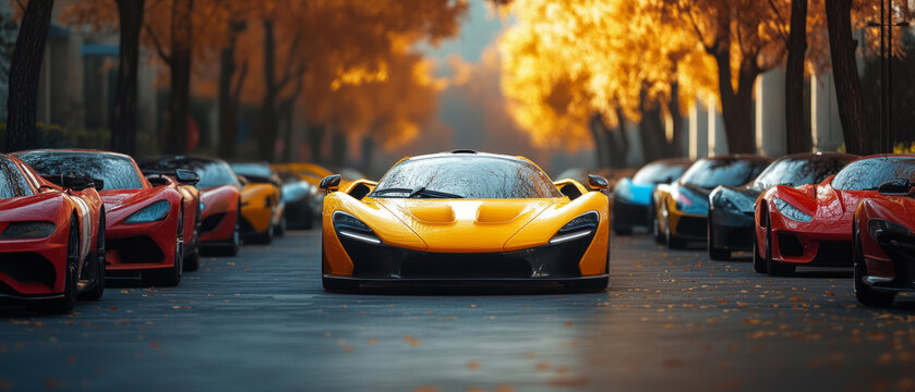A line-up of hypercars, led by a yellow supercar, stands in an avenue lined with autumnal trees, showcasing the power and luxury of the automotive world and serving as the main backdrop  