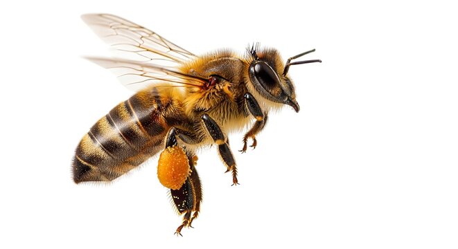 Close-up of a Honey Bee in Flight Carrying Pollen, Isolated on White