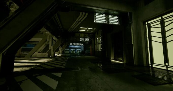 sunlit observation corridor with bright window slats and layered shadows, distant control alcove visible through metallic frame, serene yet industrial vibe